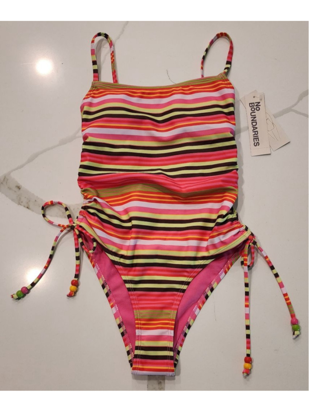 NB XXS Striped One Piece Swimsuit Cheeky High Leg Beaded Tie Sides Ruched NWT